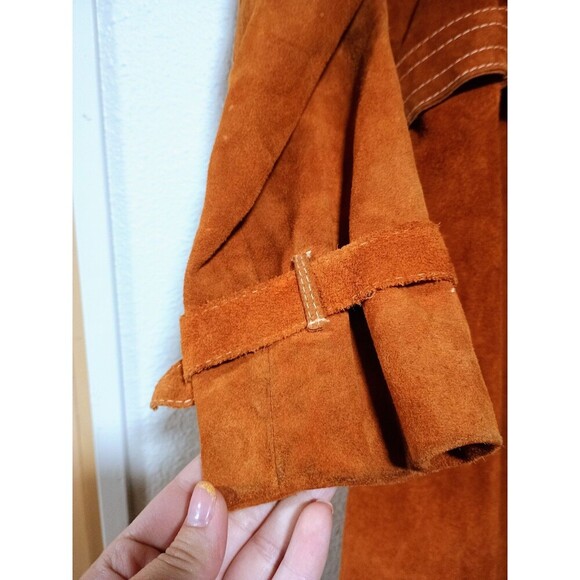Vintage 70s Suede Trench Coat Rust Brown Belted Long Jacket Boho Western Women's - Picture 9 of 16